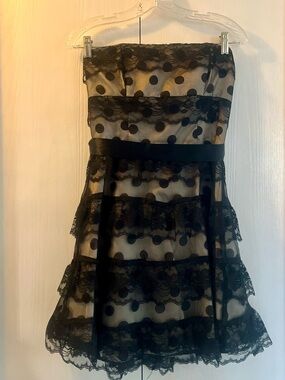 Masquerade Black & Nude Polka Dot Strapless Dress